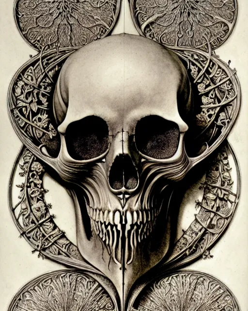 Image similar to art forms of nature by ernst haeckel, memento mori by arthur rackham, ornate antique porcelain beautiful skull mask, ultrasharp, photorealistic, hyperdetailed, octane render, polished, art nouveau, neo - gothic, gothic, intricate ornamental organic filigree, art nouveau botanicals, art forms of nature by ernst haeckel, horizontal symmetry, symbolist, visionary