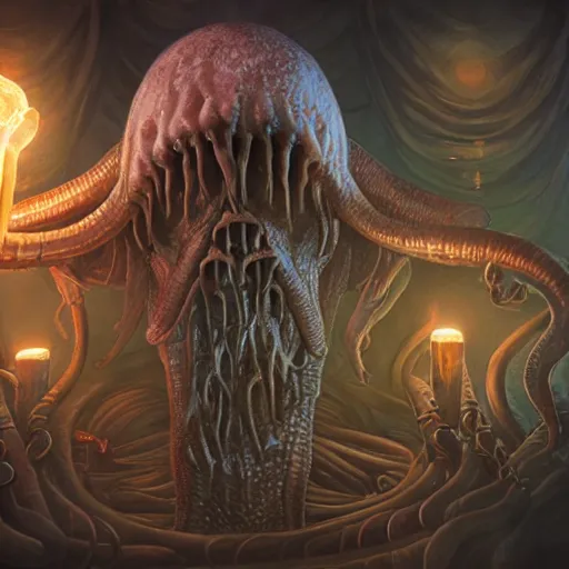 Image similar to ilithid mindflayer with headphones playing synthesizers, D&D, sigils, glowing candles, studio quality, intricate detail, unreal engine, hyperrealistic,