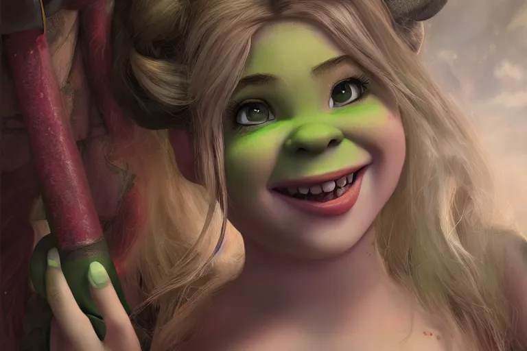 Image similar to belle delphine as shrek, cinematic chiaroscuro, photorealistic, unreal engine, artwork woman by Ross Tran