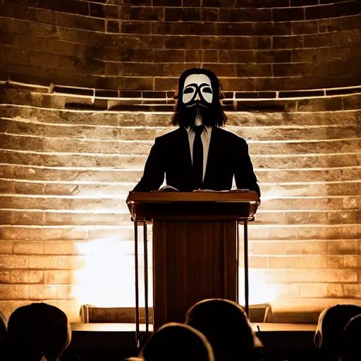Image similar to man wearing guy fawkes mask at lectern speaking to university hall, photo, cinematic lighting