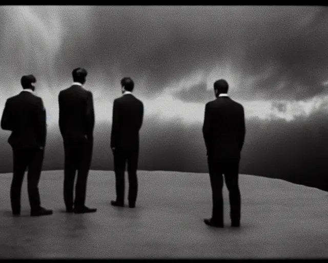 Image similar to 1 3 mm film, liminal, unsettling, group of tall men in suits, thunderstorm