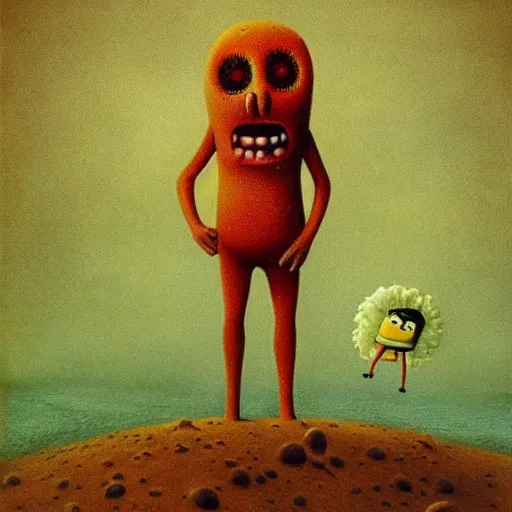 Image similar to spongebob squarepants in style of zdzisław beksinski, standing in wasteland, horror art, creepy, desolate