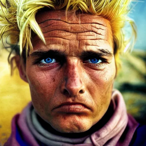 Image similar to super sayian, high resolution, closeup by steve mccurry