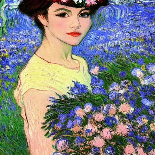 Prompt: beautiful victoria justice covered in flowers, by claude monet rockwell van gogh toriyama while on shrooms, ray tracing vray incredible render