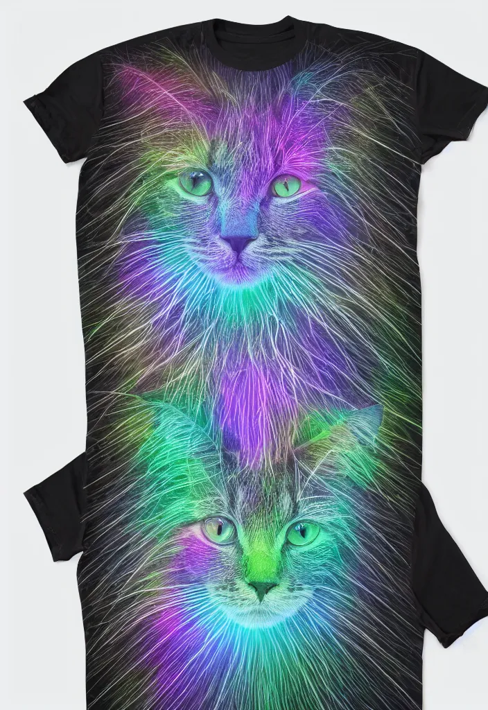 Image similar to stacked plot of radio emissions from a pulsar, abstracted light refractions and stripy interference, making up a fluffy cat, isolated on black, highly detailed high resolution, silk screen t-shirt design in the style of FELIPE PANTONE 4K