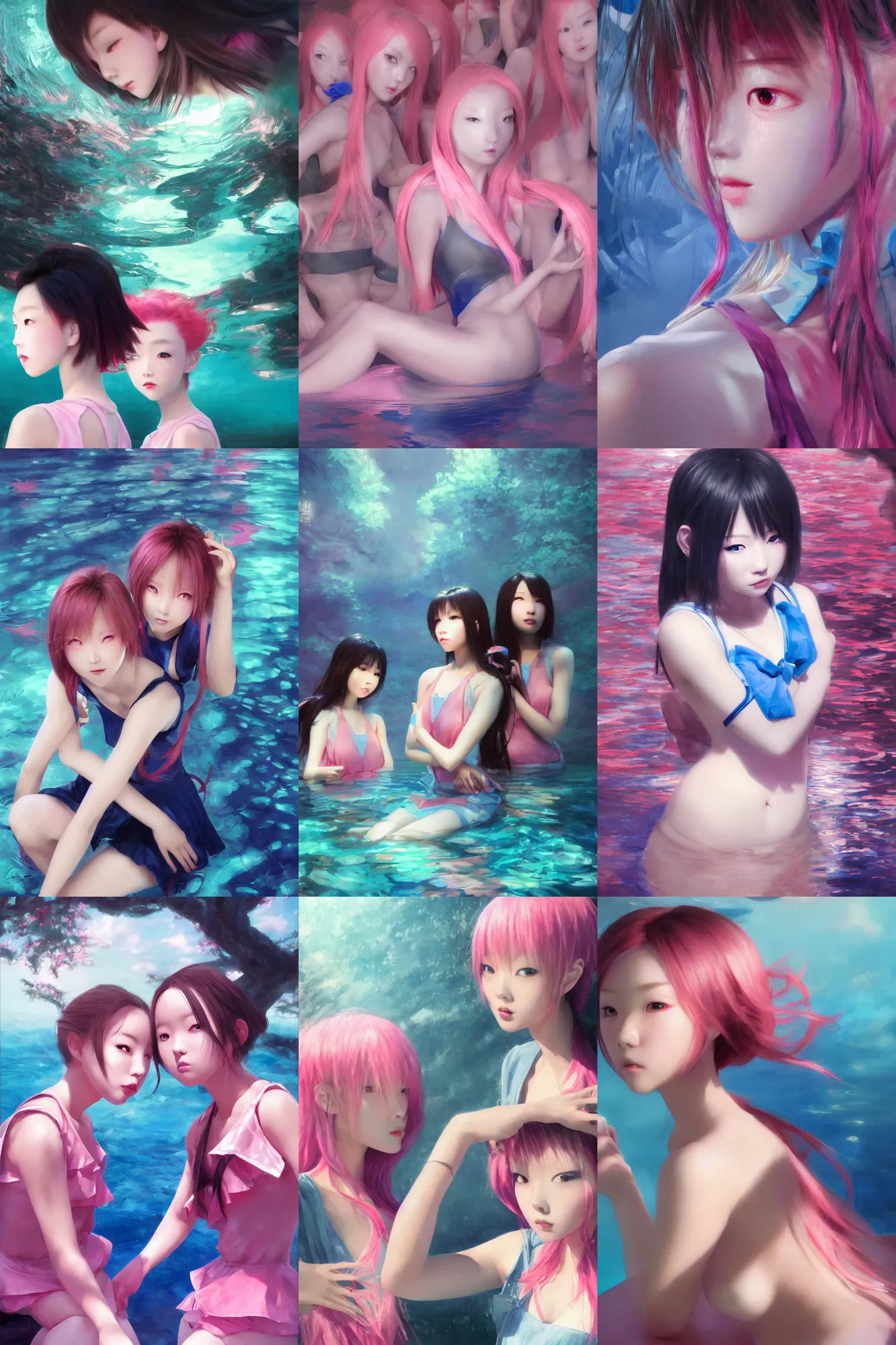 Prompt: 3d dark infrared octane render concept art by D. Jun, by Mo Xiang Tong Xiu, by Igarashi Daisuke, beauty portrait anime schoolgirls under dark pink and blue water. cute face. complex composition mirror pool. dramatic light, trending on artstation, oil painting.