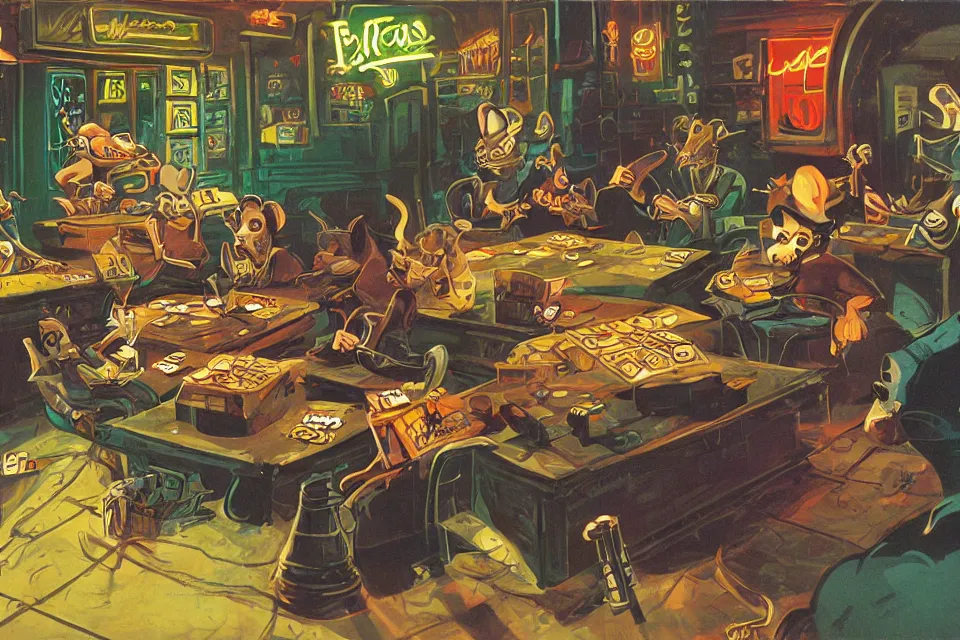 Image similar to rats rolling dice, neon basement, by john kricfalusi and syd mead