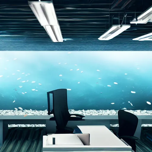 Image similar to photo of someone underwater working at an office desk, cinematic