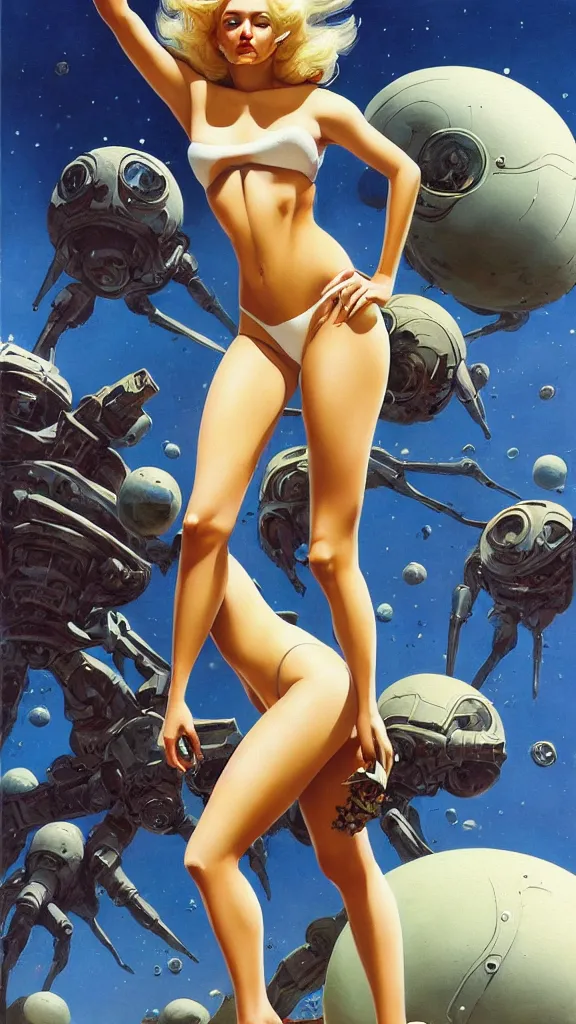 Image similar to A mixed media portrait painting of a beautiful blonde brunette woman exploring an alien planet, very curvy, aesthetic! high-waisted white-bikini-armor and boots, holding raygun, aesthetic symmetrical face and eyes, model, Scandinavian, wet, discarded mechsuit in background, by Frank Frazetta, Boris Vallejo, Beeple, Greg Rutkowski, Christian MacNevin, eighties-pinup style, epic fantasy character art, high fantasy, CGsociety, exquisite detail, post-processing, masterpiece, cinematic