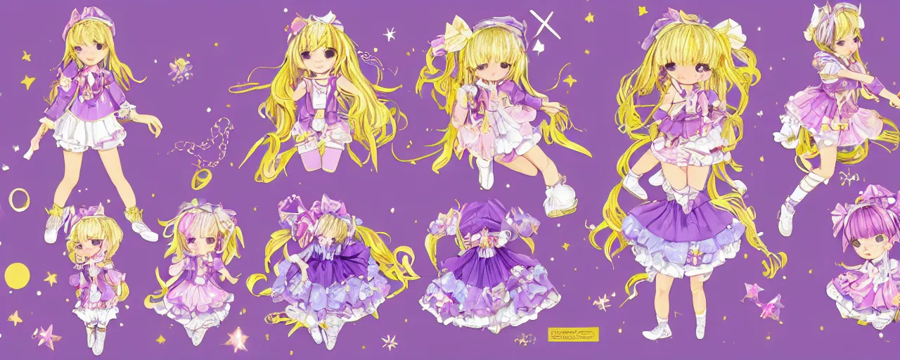 Prompt: A character sheet of full body cute magical girls with short blond hair wearing an oversized purple Beret, Purple overall shorts, Short Puffy pants made of silk, pointy jester shoes, a big billowy scarf, Golden Ribbon, and white leggings. Covered in stars. Short Hair. Decora Rainbow accessories all over. Gold Ribbon. Flowing fabric. Ruffles and lace. Intricate, elegant, Highly Detailed. Smooth, Illustration Photo real. realistic. Hyper Realistic. Sunlit. Moonlight. Surrounded by clouds. 4K. UHD. Denoise. Art by william-adolphe bouguereau and Paul Delaroche and Alexandre Cabanel and Lawrence Alma-Tadema and WLOP and Artgerm. baroque painting.