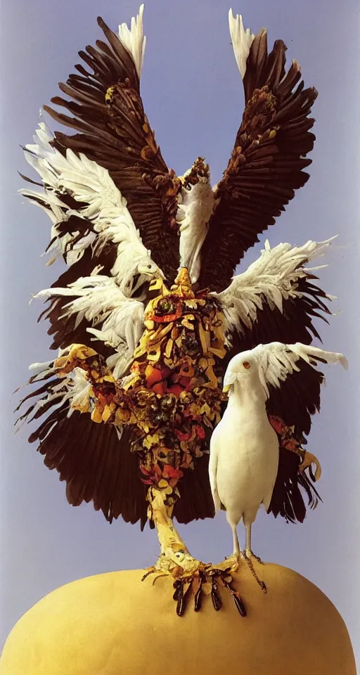 Image similar to photographic masterpiece of an albino raven standing on a golden skull with mexican pattens, annie leibovitz, frederic leighton, roger dean