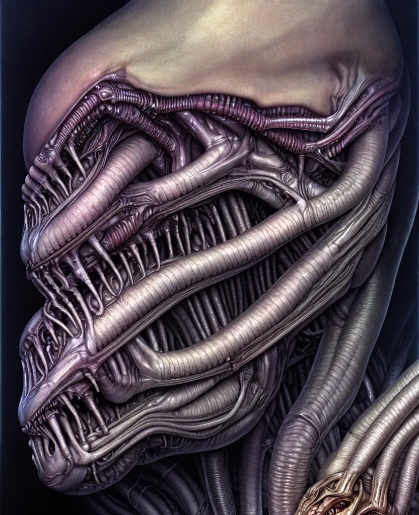 Image similar to realistic detailed image of newborn from alien, by hr giger, hd, hyper detailed, 4 k, depth perception, depth of field, neo - gothic, gothic. art by evelyn de morgan, masterpiece