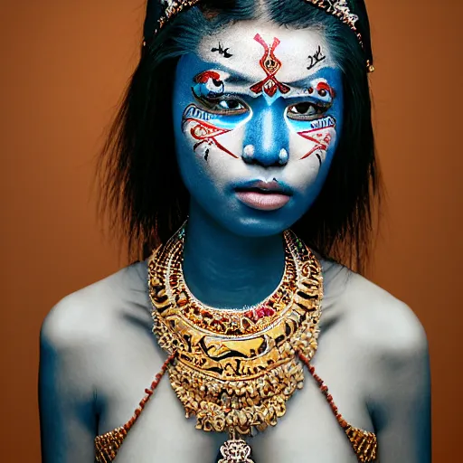 Prompt: portrait of a stunningly beautiful asian tribal female, small amount of traditional facepainting, feathers gold studded jewellery, depth of field, zeiss lens, detailed, symmetrical, centered, fashion photoshoot, by Annie Leibovitz and Steve McCurry, David Lazar, Jimmy Nelsson, Breathtaking, 8k resolution, extremely detailed, beautiful, establishing shot, artistic, hyperrealistic, beautiful face, octane render