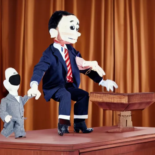 Image similar to puppeteer using marionette of a president in a podium