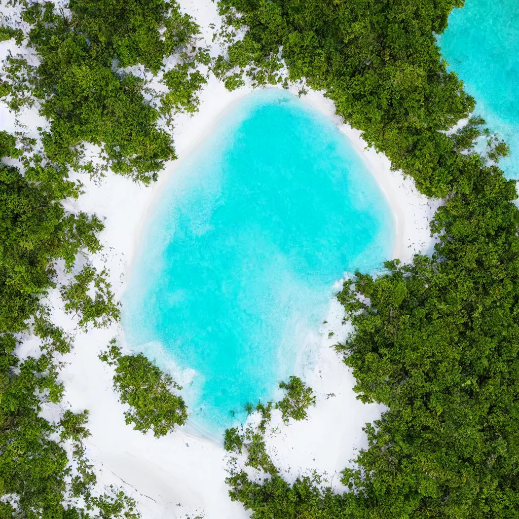 Image similar to top down view of a tropical beach with white sand, 8 k, high detail, photorealistic, proper shading