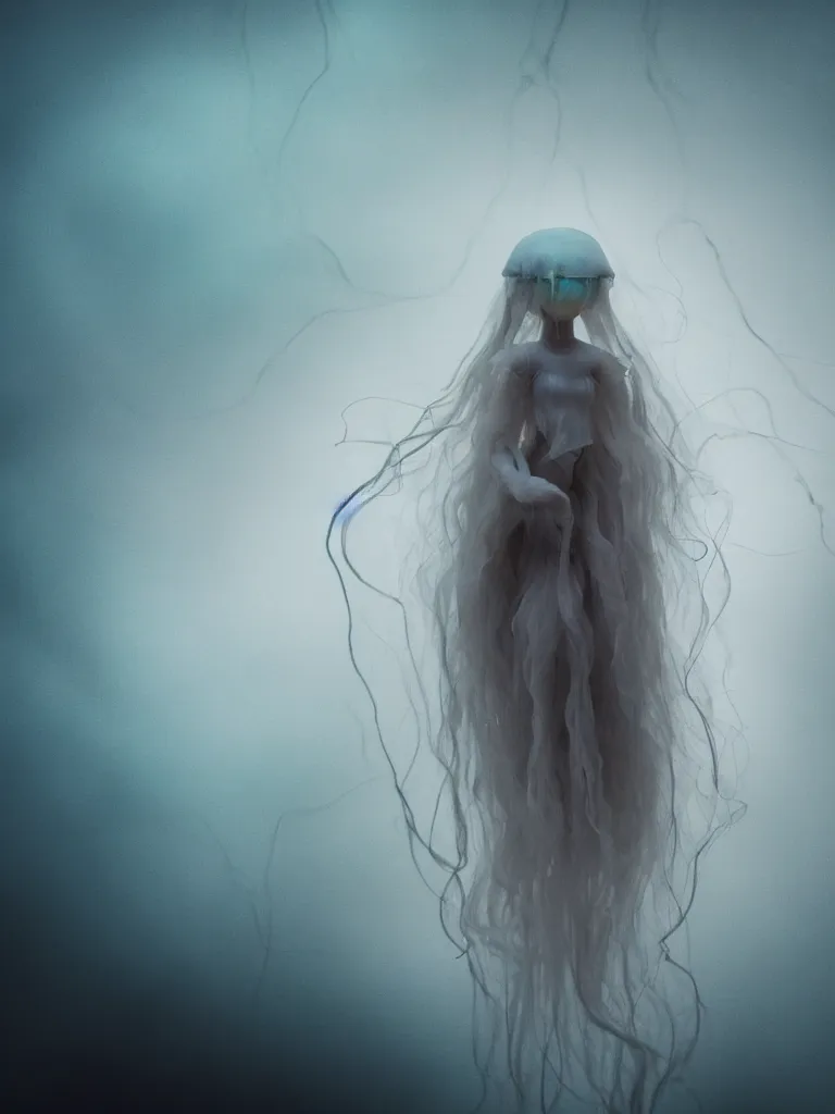 Prompt: cute fumo plush doll of an otherworldly translucent jellyfish goth maiden girl floating in the deep sea, mysterious tattered black tendrils and dress, wisps of volumetric fog and smoke, vignette, bokeh, vray