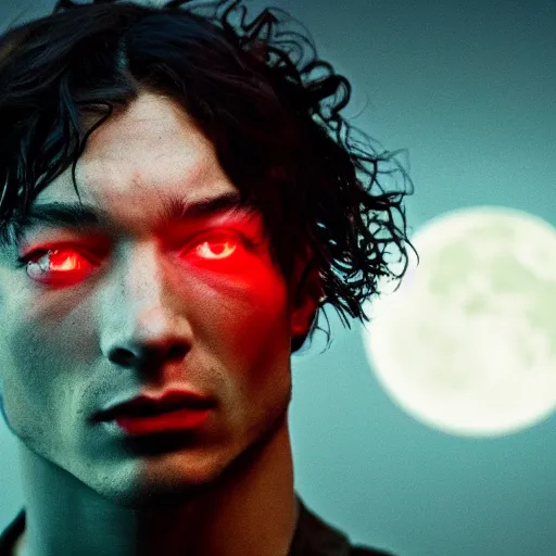 Image similar to terrifying ezra miller as flash forest scenery, full moon, illuminated lighting, highly detailed, 4 k