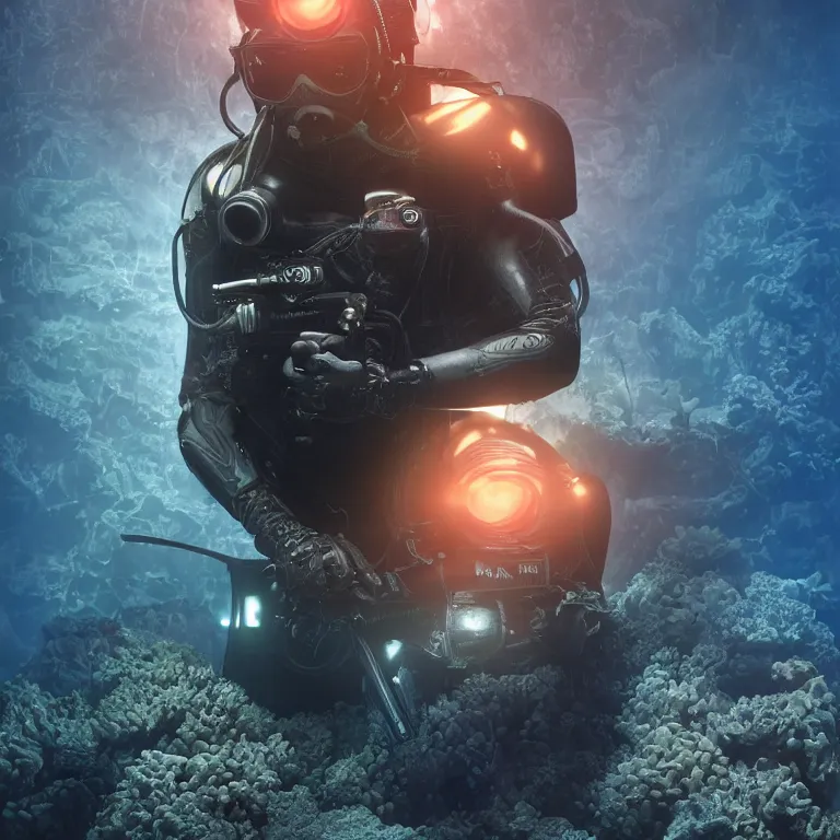 Image similar to octane render portrait by wayne barlow and carlo crivelli and glenn fabry, subject is a shiny reflective tactical black ops futuristic scuba diver with small lights inside helmet, surrounded by bubbles inside an exotic alien coral reef aquarium full of exotic fish, cinema 4 d, ray traced lighting, very short depth of field, bokeh