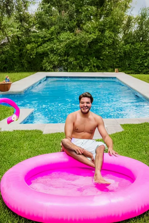 Image similar to man sitting in a pink kiddie pool, lawn flamingo, backyard, pool floaties
