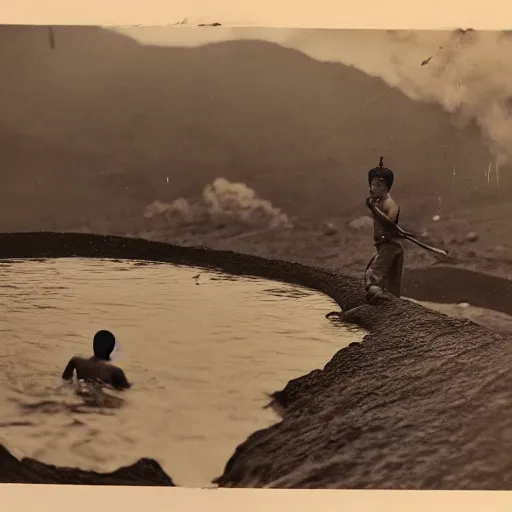 Prompt: historical picture of japanese soldier swimming on indonesian lava mountain, in hd picture, and photorealism, with detail image and description