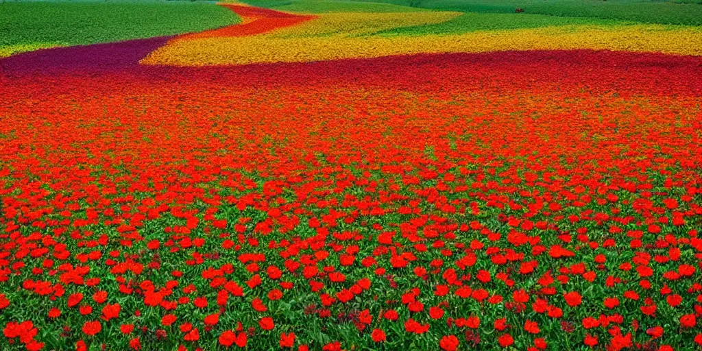 Prompt: a beautiful flower field made of fire in rain, professional photography