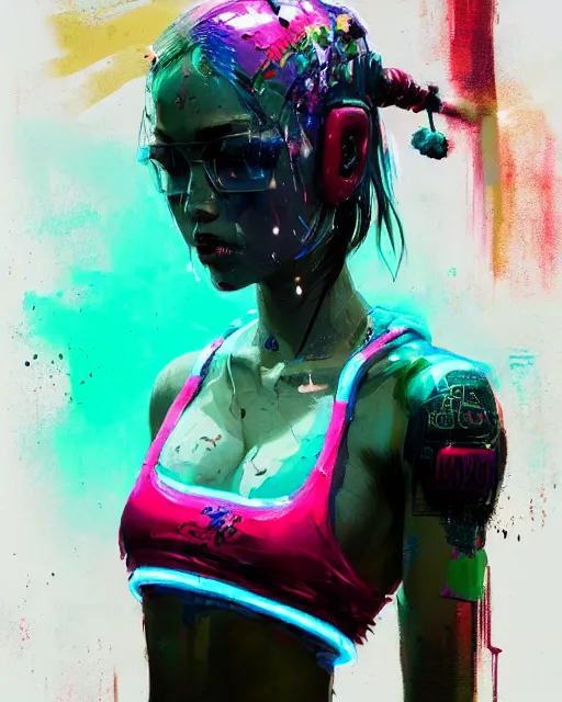 Image similar to detailed portrait Neon boxer Girl, cyberpunk futuristic neon, reflective crop top and shorts, boxing gloves, decorated with traditional Japanese ornaments by Ismail inceoglu dragan bibin hans thoma greg rutkowski Alexandros Pyromallis Nekro Rene Maritte Illustrated, Perfect face, fine details, realistic shaded, fine-face, pretty face