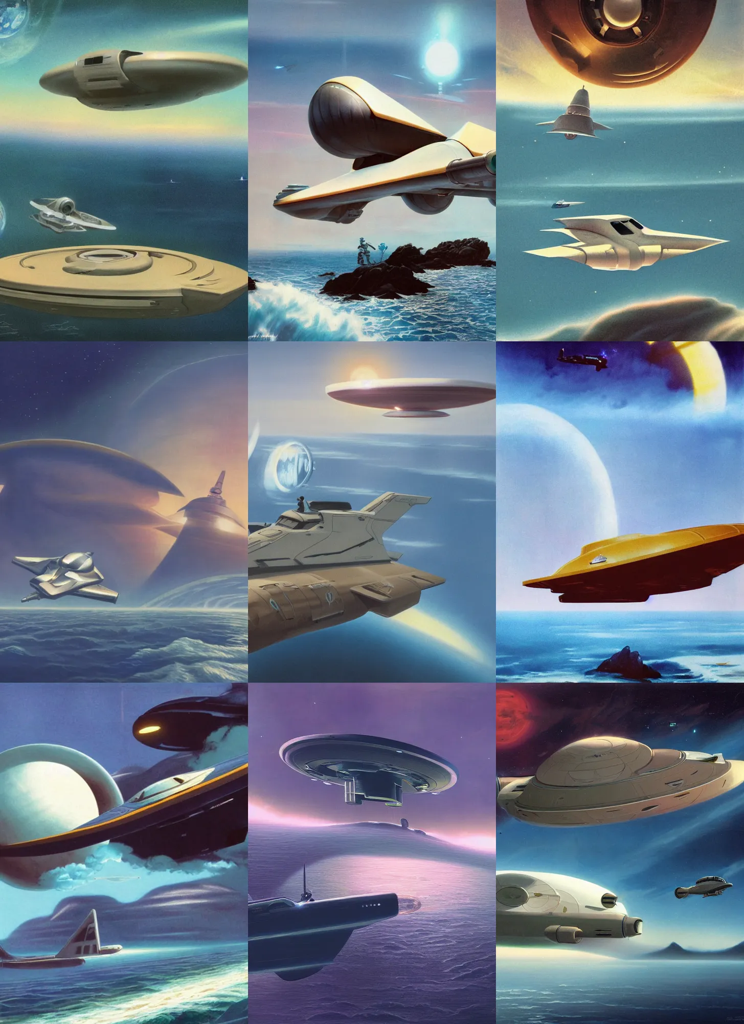 Prompt: soft matte painting of a retro scout starship above an island on the ocean, retrofuturism, sci - fi, futuristic, concept art