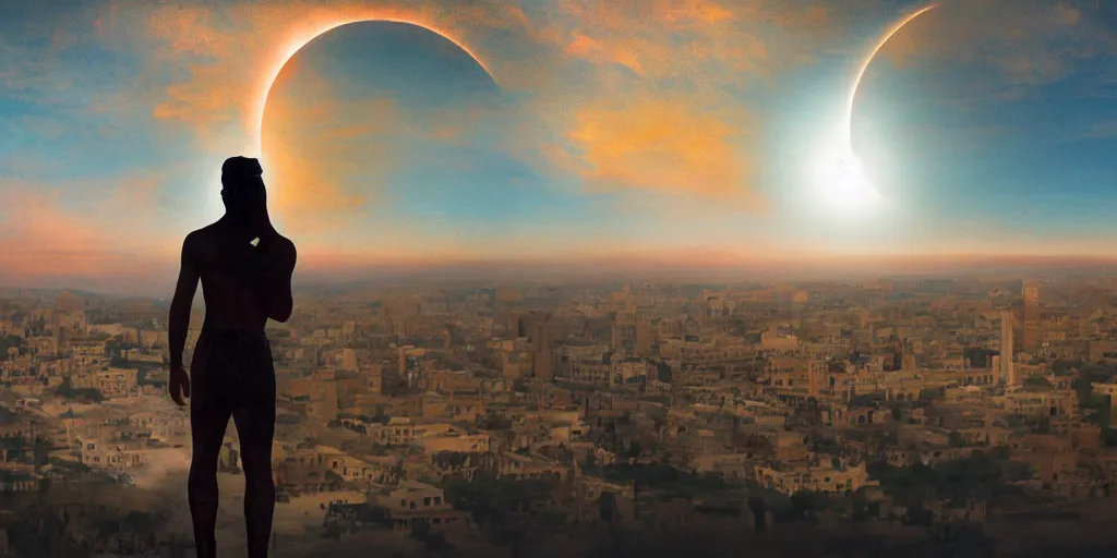 Prompt: double exposure, a solar eclipse in the sky above, the city of ancient babylon below in the distance, the city is on fire, full-body silhouette of a single observer in the foreground, the figure is an ancient Hellenistic athletic man in soft focus with hazy outlines, the scene is painted with thick impasto paint and chromatic aberration