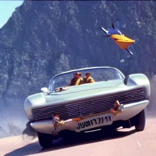 Image similar to car chased by anothrr car which is flying in the sky, movie still of James bond