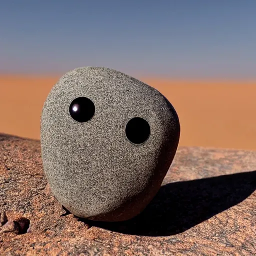 Image similar to a smooth stone that has 2 googly eyes. on a desert cliff with a blurry background.