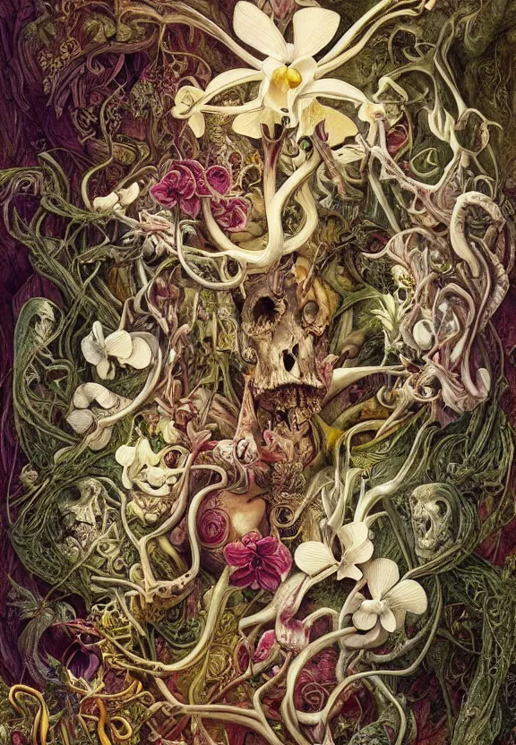 Image similar to simplicity, elegant, colorful muscular eldritch animals and bones radiating from fractal, orchids, flowers, mandala, white bones, by h. r. giger and esao andrews and maria sibylla merian eugene delacroix, gustave dore, thomas moran, pop art, chiaroscuro, biopunk, art nouveau