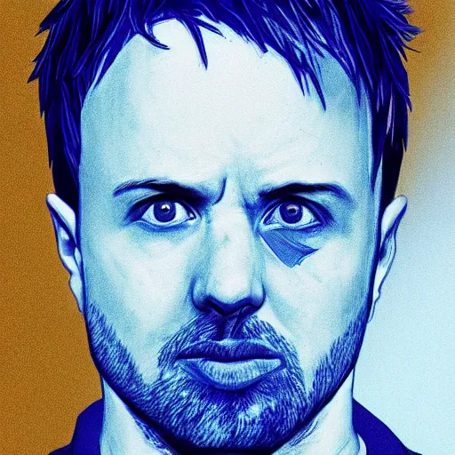 Image similar to jesse pinkman's head coming out of a blue mist, trending on artstation, profile pic, centered, accurate anatomy, highly detailed, digital art,