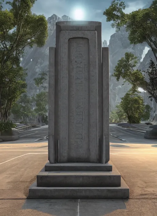 Image similar to highly detailed render of a futuristic monument stele standing on the road made in unreal engine 4