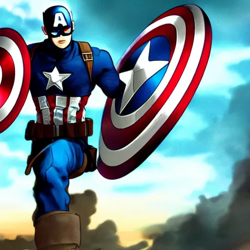 Image similar to captain america, battle scene, war in background, in style of solo leveling, anime, high definition