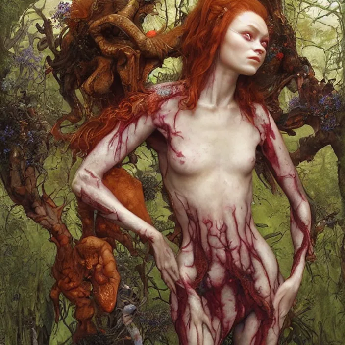 Prompt: a portrait photograph of sadie sink as a elegant brightly colored satyr alien hybrid with wet mutated skin. wearing an infected organic catsuit. by tom bagshaw, donato giancola, hans holbein, walton ford, gaston bussiere, brian froud, peter mohrbacher and magali villeneuve. 8 k, cgsociety
