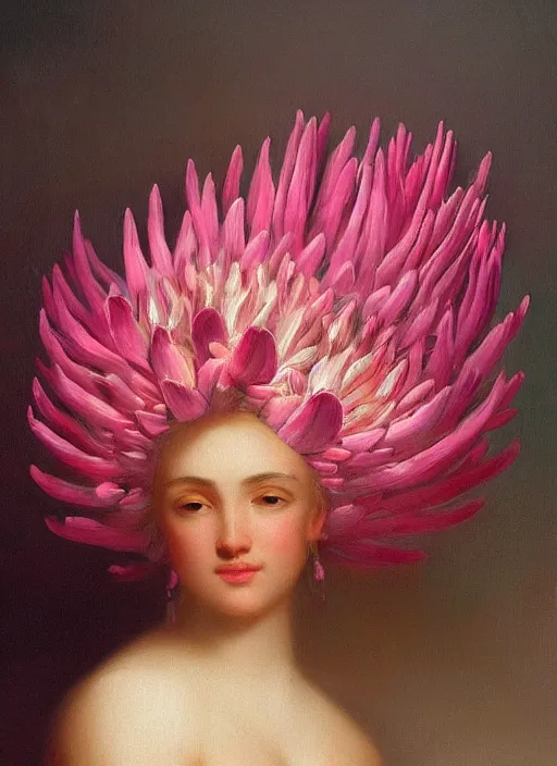 Image similar to stunning mexican godess, detailed pink and white protea head peace against a black backdrop by ivan aivazovsky, wlop, oil painting, beautiful soft lighting, muted colours, artstation