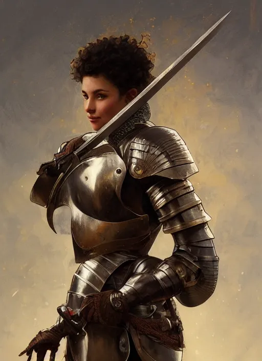 Image similar to medium-length portrait of a female knight with short curly hair and brown eyes, dark brown skin, happy expression, wears a combination of plate armor and boiled leather, medieval setting, highly detailed, digital painting, artstation, concept art, sharp focus, illustration, art by greg rutkowski and alphonse mucha