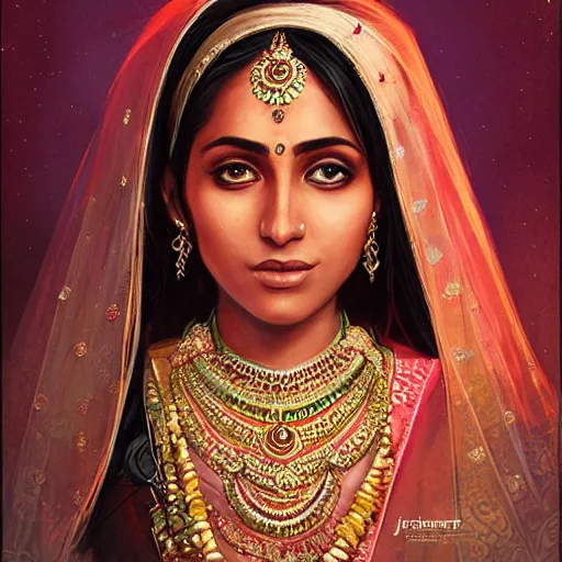 Prompt: portrait of Beautiful indian bride , full of details, ultradetailed, matte painting, concept art, smooth, by Jordan Grimmer and by artgerm and by krenz cushart