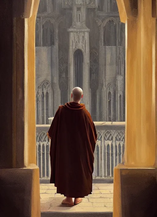 Image similar to symmetry!! oil painting of a tonsured dominican monk in brown robes, looking out of a monastery window contemplatively, a majestic cathedral in the background, digital art, artstation, cinematic, golden hour, digital art painting by greg rutkowski