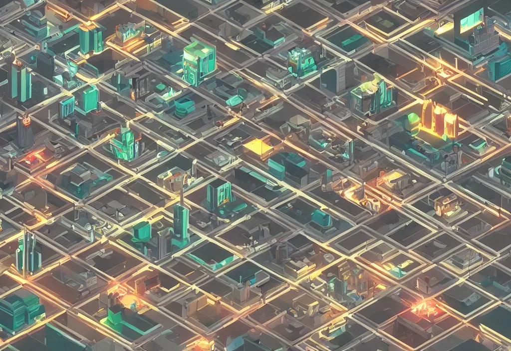 Prompt: a futuristic cityscape in isometric style, at night, deviantart, trending on artstation