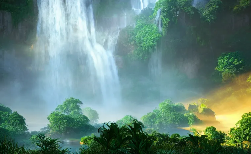 Image similar to a beautiful and stunning professional digital artwork of a humongous gold cave, haze, waterfall, volumetric lighting, hyperrealistic, green, blue, sunset, unreal engine 5, ultra detail