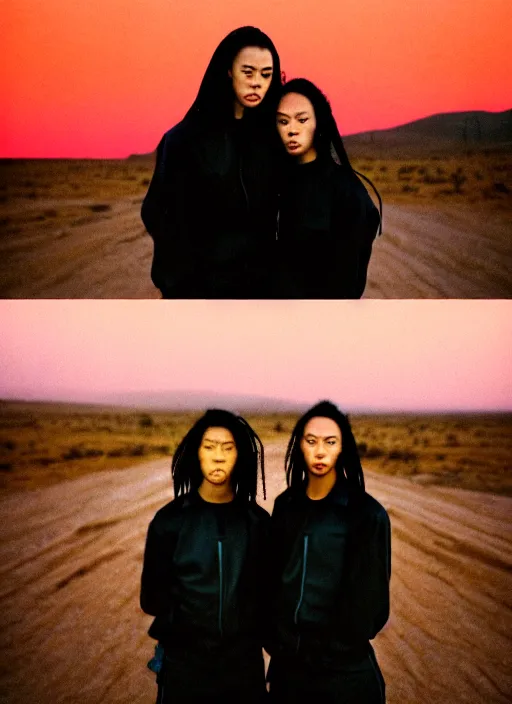 Image similar to cinestill 5 0 d photographic portrait of two loving clones, women wearing rugged black techwear on a desolate plain with a red sky, closeup, diverse species, cyberpunk, in front of a brutalist dark metal facility, dust storm, 3 5 mm, 8 k, f / 1 6, high resolution, ultra realistic faces, beautiful faces