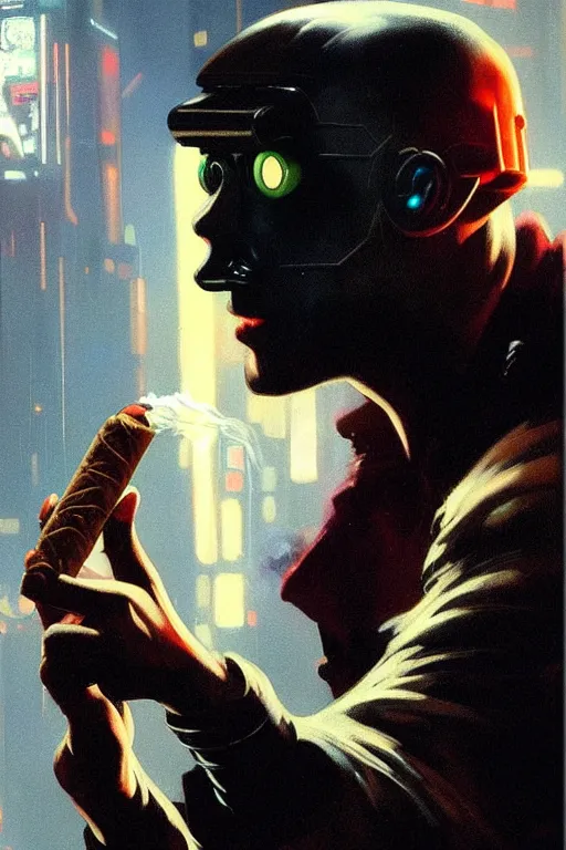 Prompt: An android smoking a single cigar in a cyberpunk setting, by Frank Frazetta, dramatic lighting, high contrast colours, as trending on Artstation, highly detailed,