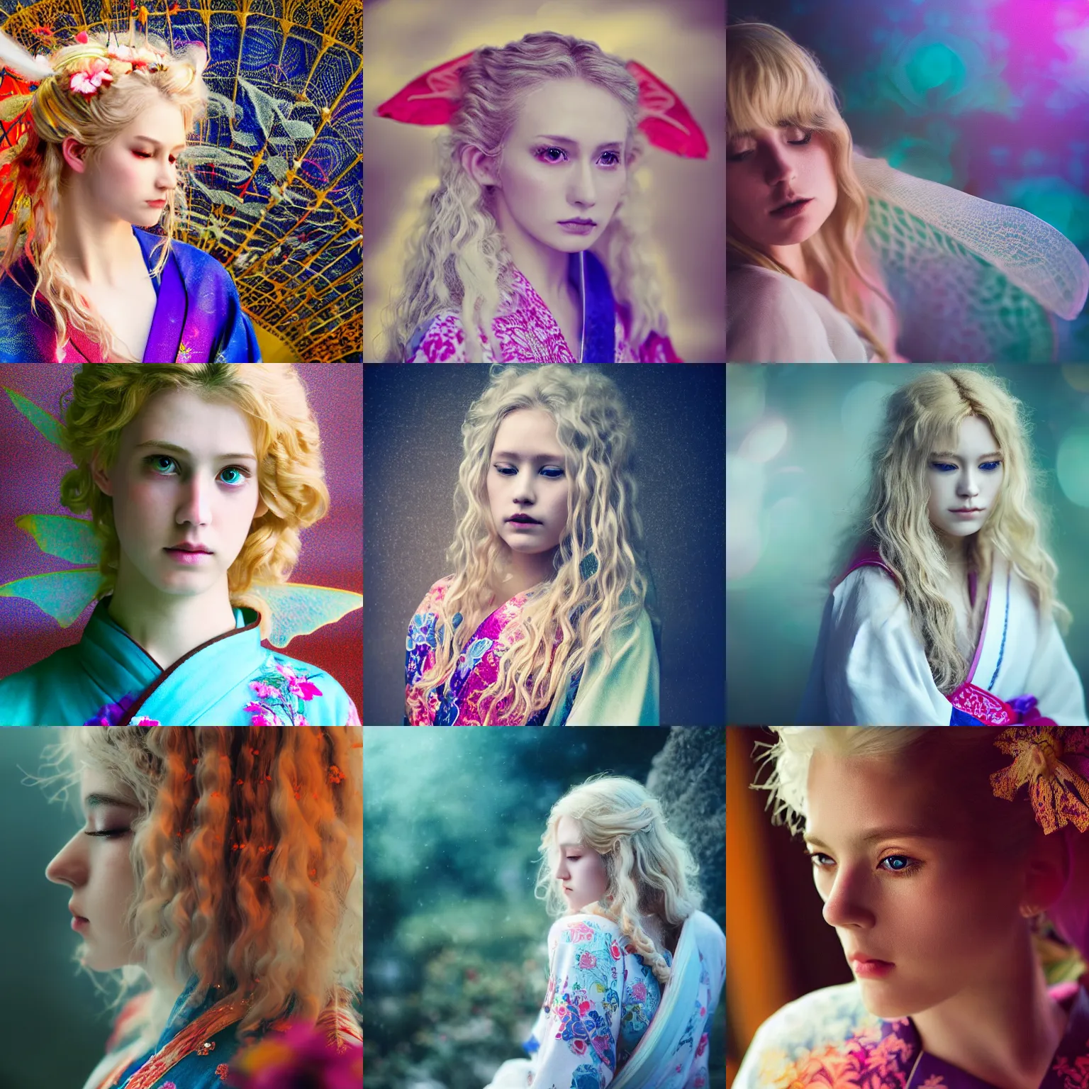 Prompt: stunning, breathtaking, awe - inspiring award - winning portrait of an attractive white faerie with wavy blonde hair, wearing a colorful yukata, extremely moody lighting, intricate, soft focus, 8 k