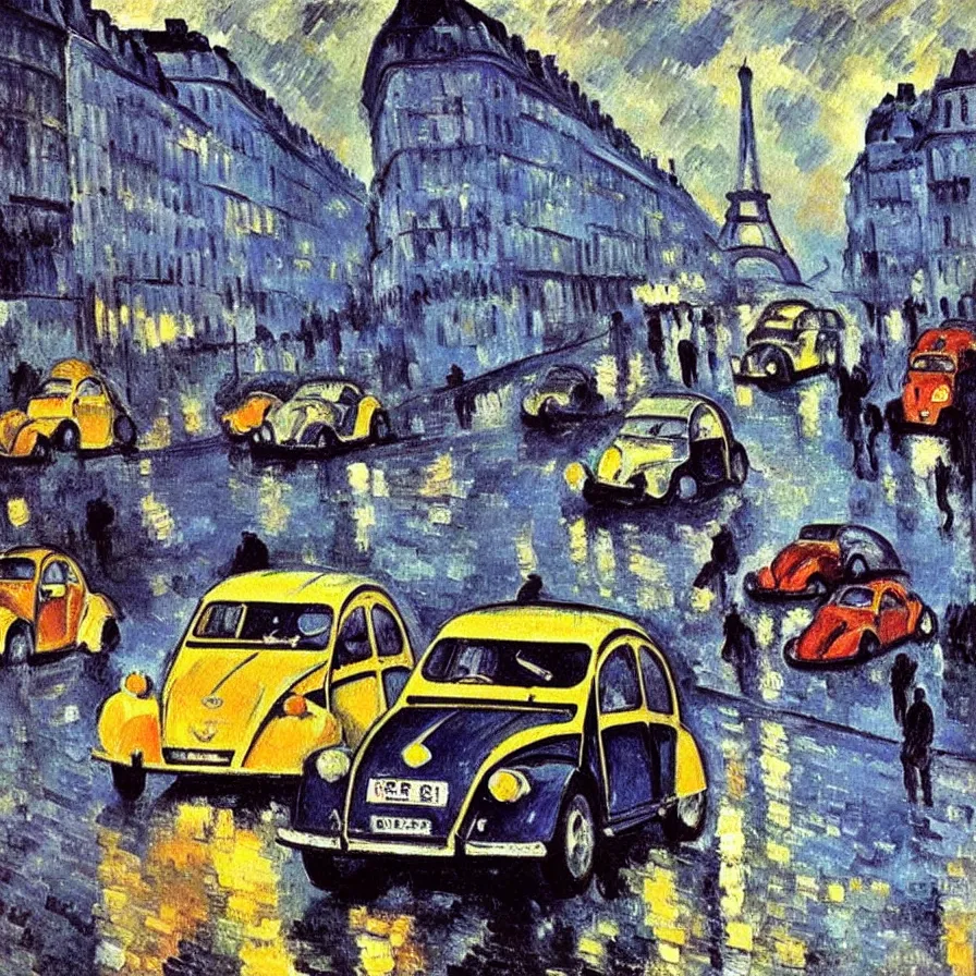 Prompt: colorful citroen 2 cv racing through paris in the 1 9 5 0 s. dark skies, rain. movement. impressionistic oil painting by pisaro, by cezanne, by matisse