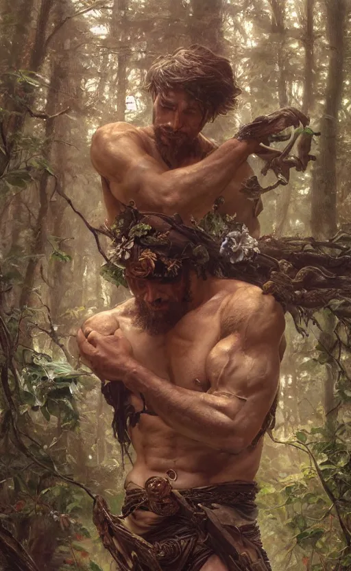 Image similar to god of the forest, rugged, handsome, male, detailed face, clean lines, atmospheric lighting, amazing, full body, thighs, flowers, muscular, intricate, highly detailed, digital painting, deviantart, concept art, sharp focus, illustration, art by greg rutkowski and alphonse mucha