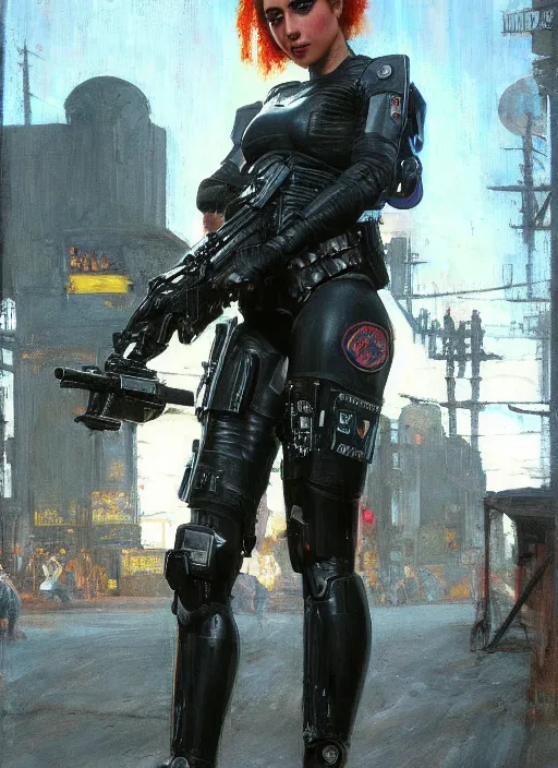 Prompt: Sgt Sara Grim. Menacing Cyberpunk police trooper wearing a combat vest and towering with robotic legs. (dystopian, police state, Cyberpunk 2077, bladerunner 2049). Iranian orientalist portrait by john william waterhouse and Edwin Longsden Long and Theodore Ralli and Nasreddine Dinet, oil on canvas. Cinematic, vivid colors, hyper realism, realistic proportions, dramatic lighting, high detail 4k