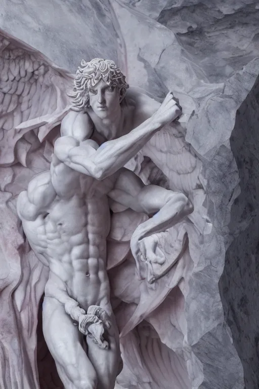 Image similar to epic and dramatic view of incubus statue made in carrara pinkish marble showing cracks in his full body, realistic and ultra detailed, 8 k