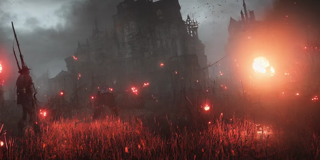 Image similar to mix between battlefield 1 and bloodborne, terrifying, brightly colored, dark