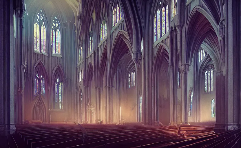 Prompt: Interior shot of a Gothic church by Petros Afshar and Beeple, James Gilleard, Mark Ryden, Wolfgang Lettl highly detailed